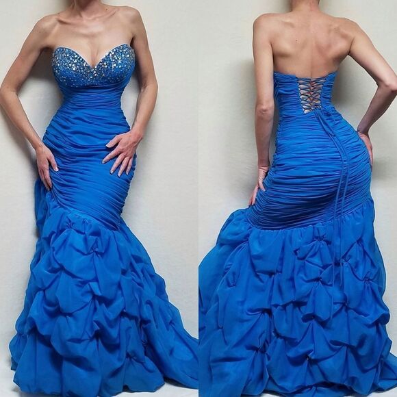 JOLI Prom Blues Ruched Sequin Beaded Bubble Hem Strapless Formal Maxi Dress 12 - Picture 1 of 16